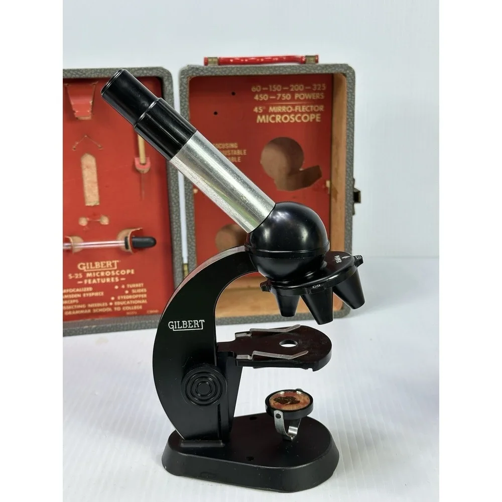 Vintage Gilbert S-25 Microscope Set Case Larger Eyepiece Dropper Instructions